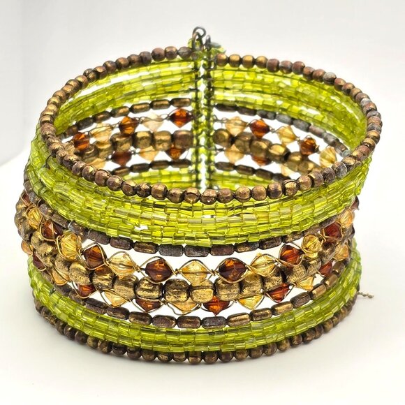 Lot of 4 Statement Cuff Bracelets Brass Glass Beads Openwork & Crystal Designs - Picture 4 of 12